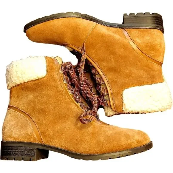 NWOT Crown & Ivy "June" Ankle Boot, Size 7, Cognac Color, Suede w/ Faux Fur Trim - Picture 6 of 6